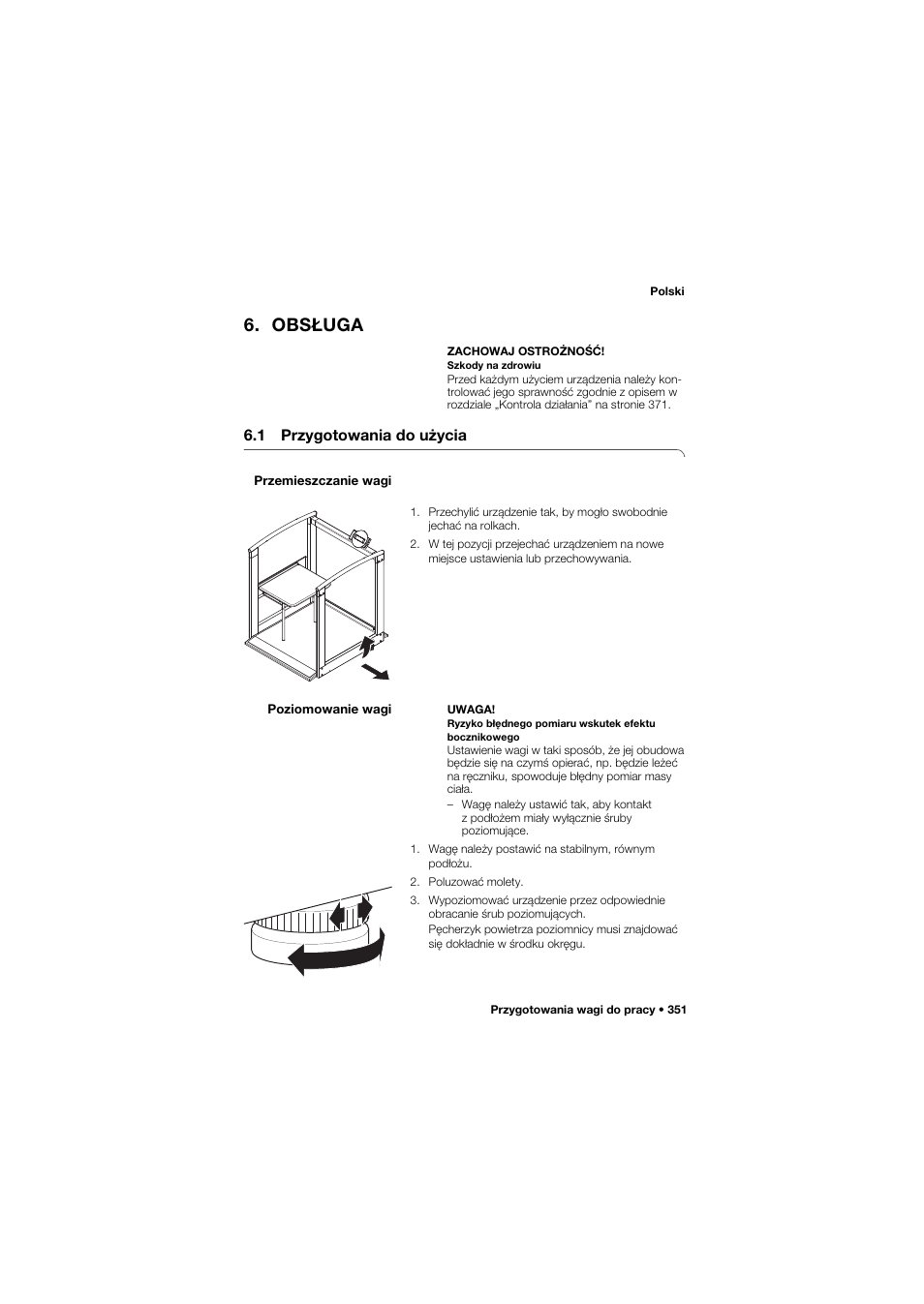 Obsługa, 1 przygotowania do użycia, Przemieszczanie wagi | Poziomowanie wagi | Seca 685 User Manual | Page 351 / 385