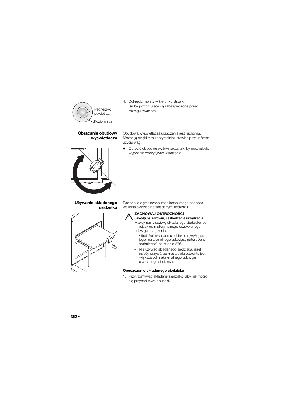 Obracanie obudowy wyświetlacza, Używanie składanego siedziska | Seca 685 User Manual | Page 352 / 385