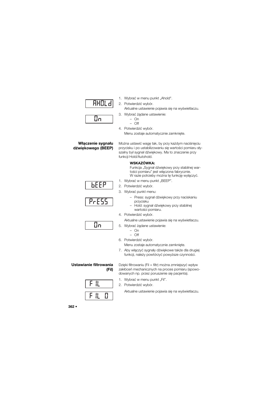 Włączenie sygnału dźwiękowego (beep), Ustawianie filtrowania (fil) | Seca 685 User Manual | Page 362 / 385