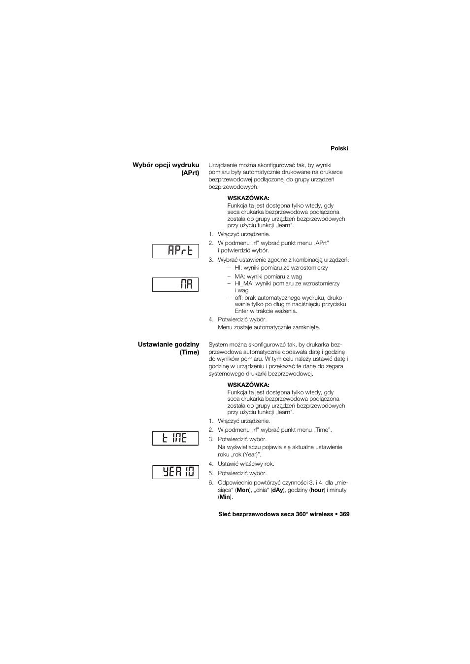 Wybór opcji wydruku (aprt), Ustawianie godziny (time) | Seca 685 User Manual | Page 369 / 385