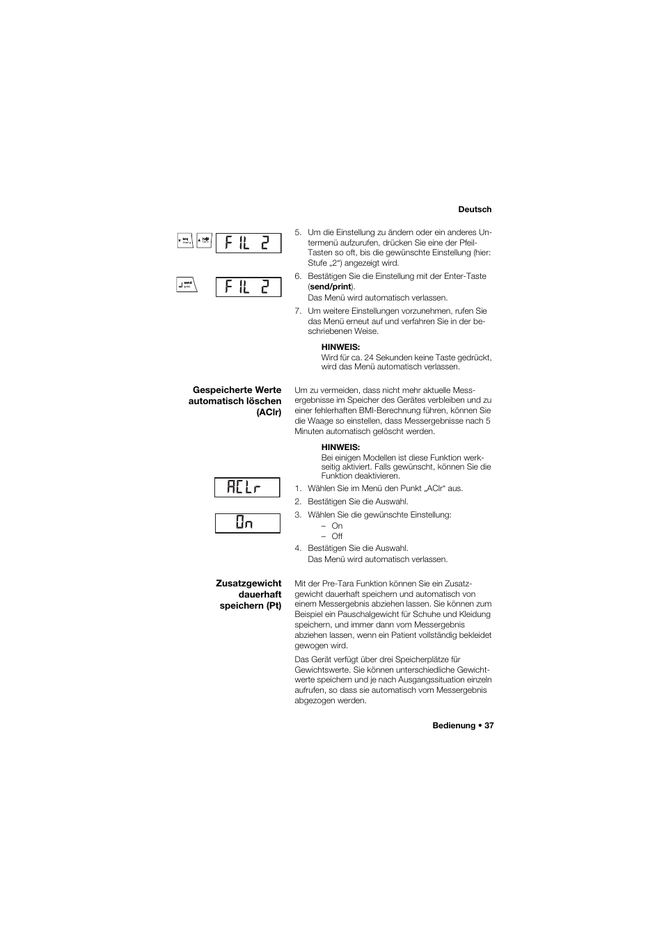 Gespeicherte werte automatisch löschen (aclr), Zusatzgewicht dauerhaft speichern (pt) | Seca 685 User Manual | Page 37 / 385
