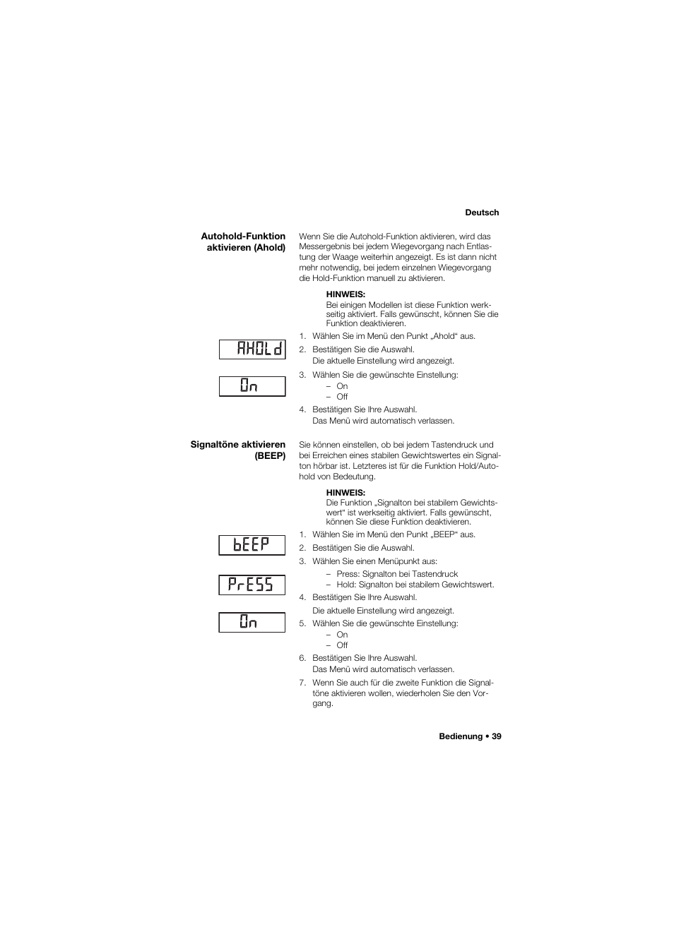 Autohold-funktion aktivieren (ahold), Signaltöne aktivieren (beep) | Seca 685 User Manual | Page 39 / 385