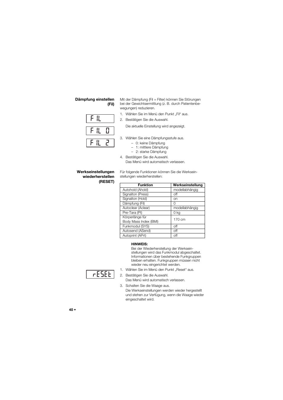 Dämpfung einstellen (fil), Werkseinstellungen wiederherstellen (reset) | Seca 685 User Manual | Page 40 / 385