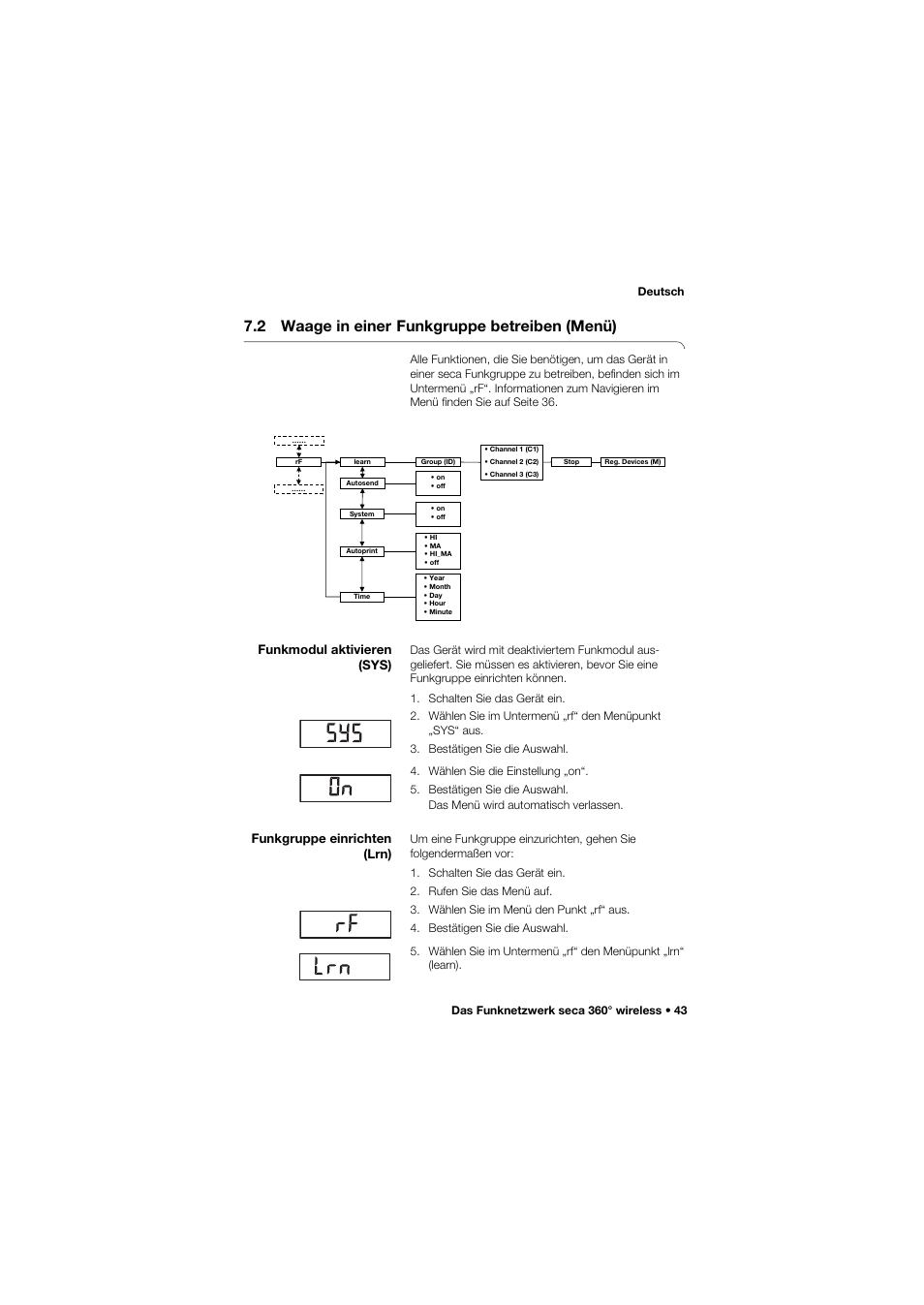 2 waage in einer funkgruppe betreiben (menü), Funkmodul aktivieren (sys), Funkgruppe einrichten (lrn) | 2 waage in einer, Funkgruppe betreiben (menü) | Seca 685 User Manual | Page 43 / 385
