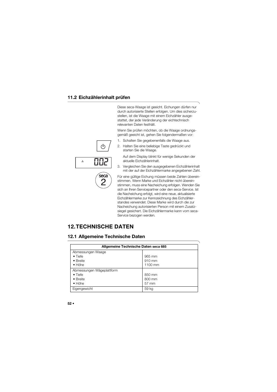 2 eichzählerinhalt prüfen, Technische daten, 1 allgemeine technische daten | Seca 685 User Manual | Page 52 / 385