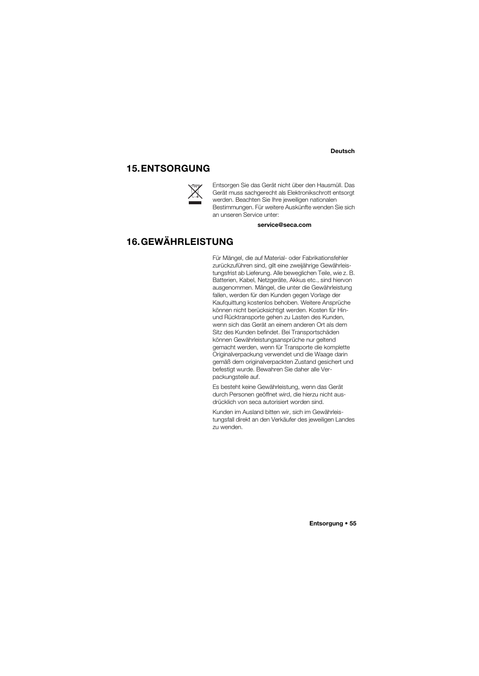 Entsorgung, Gewährleistung | Seca 685 User Manual | Page 55 / 385