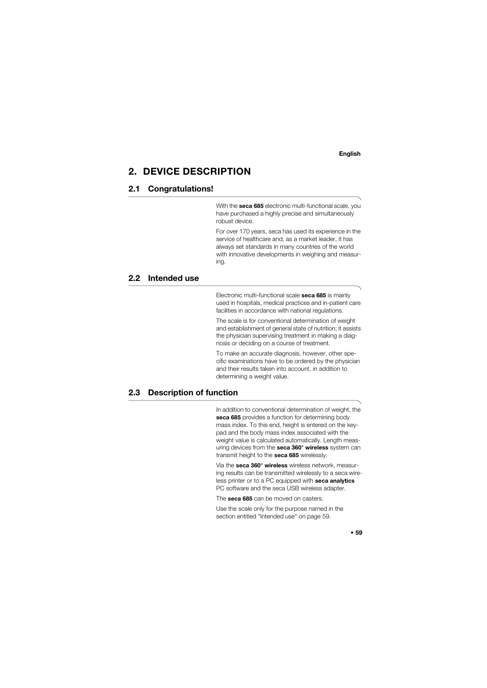 Device description, 1 congratulations, 2 intended use | 3 description of function | Seca 685 User Manual | Page 59 / 385