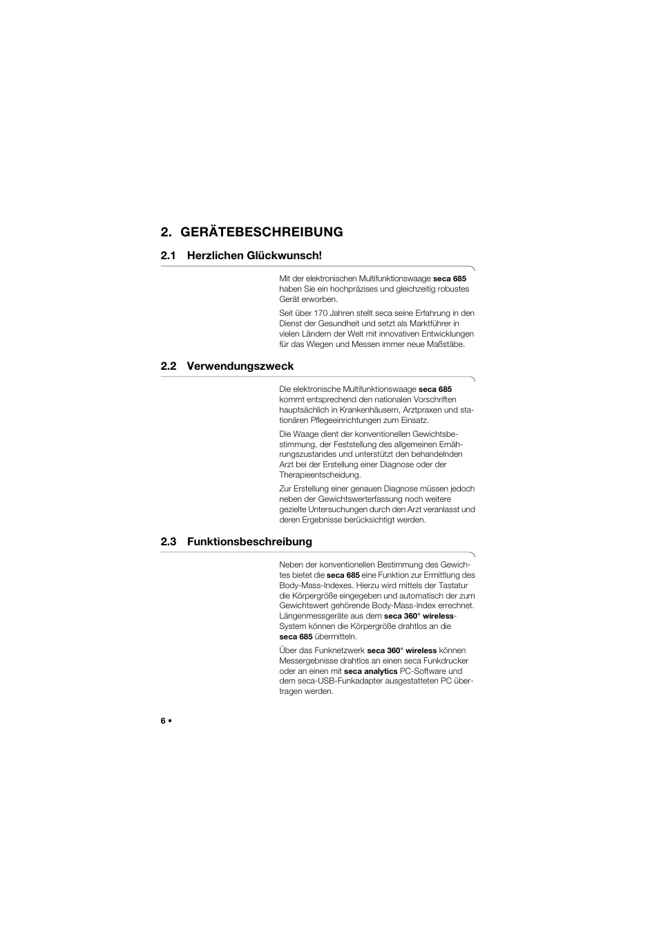 Gerätebeschreibung, 1 herzlichen glückwunsch, 2 verwendungszweck | 3 funktionsbeschreibung | Seca 685 User Manual | Page 6 / 385