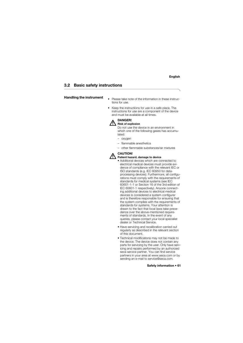 2 basic safety instructions, Handling the instrument | Seca 685 User Manual | Page 61 / 385