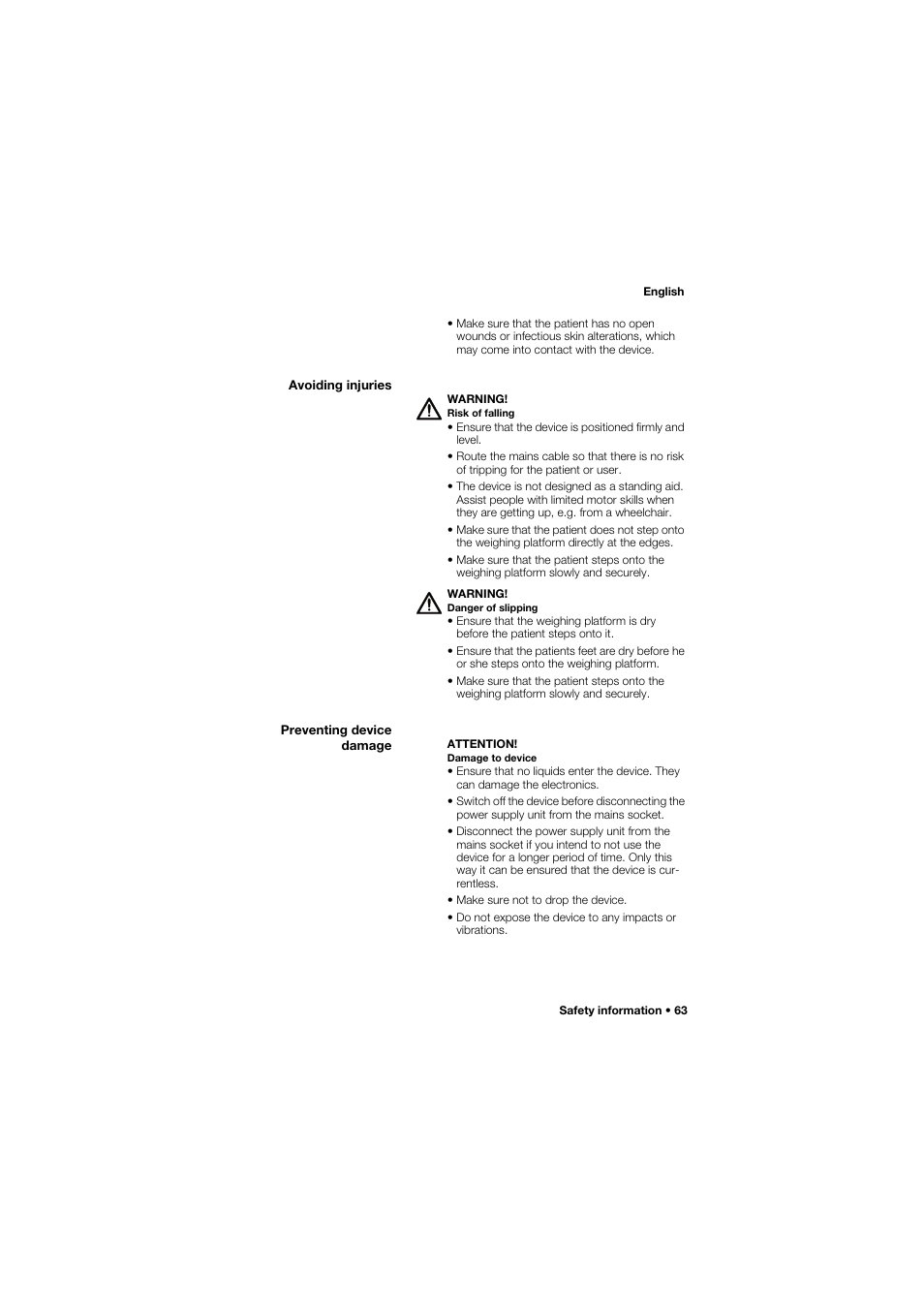 Avoiding injuries, Preventing device damage | Seca 685 User Manual | Page 63 / 385