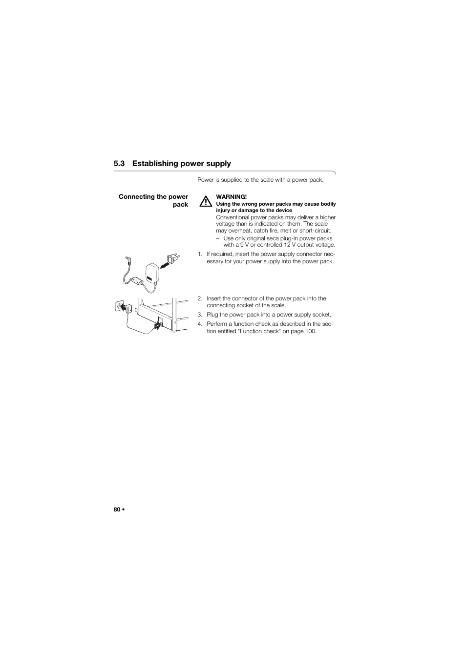 3 establishing power supply, Connecting the power pack | Seca 685 User Manual | Page 80 / 385