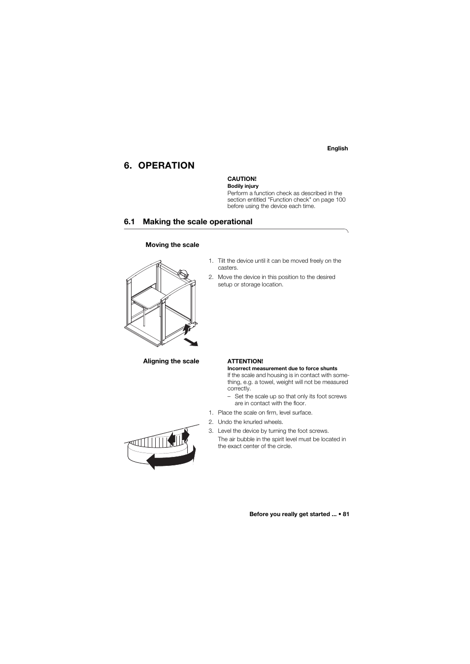 Operation, 1 making the scale operational, Moving the scale | Aligning the scale | Seca 685 User Manual | Page 81 / 385