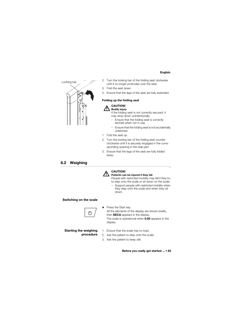 2 weighing, Switching on the scale, Starting the weighing procedure | Seca 685 User Manual | Page 83 / 385