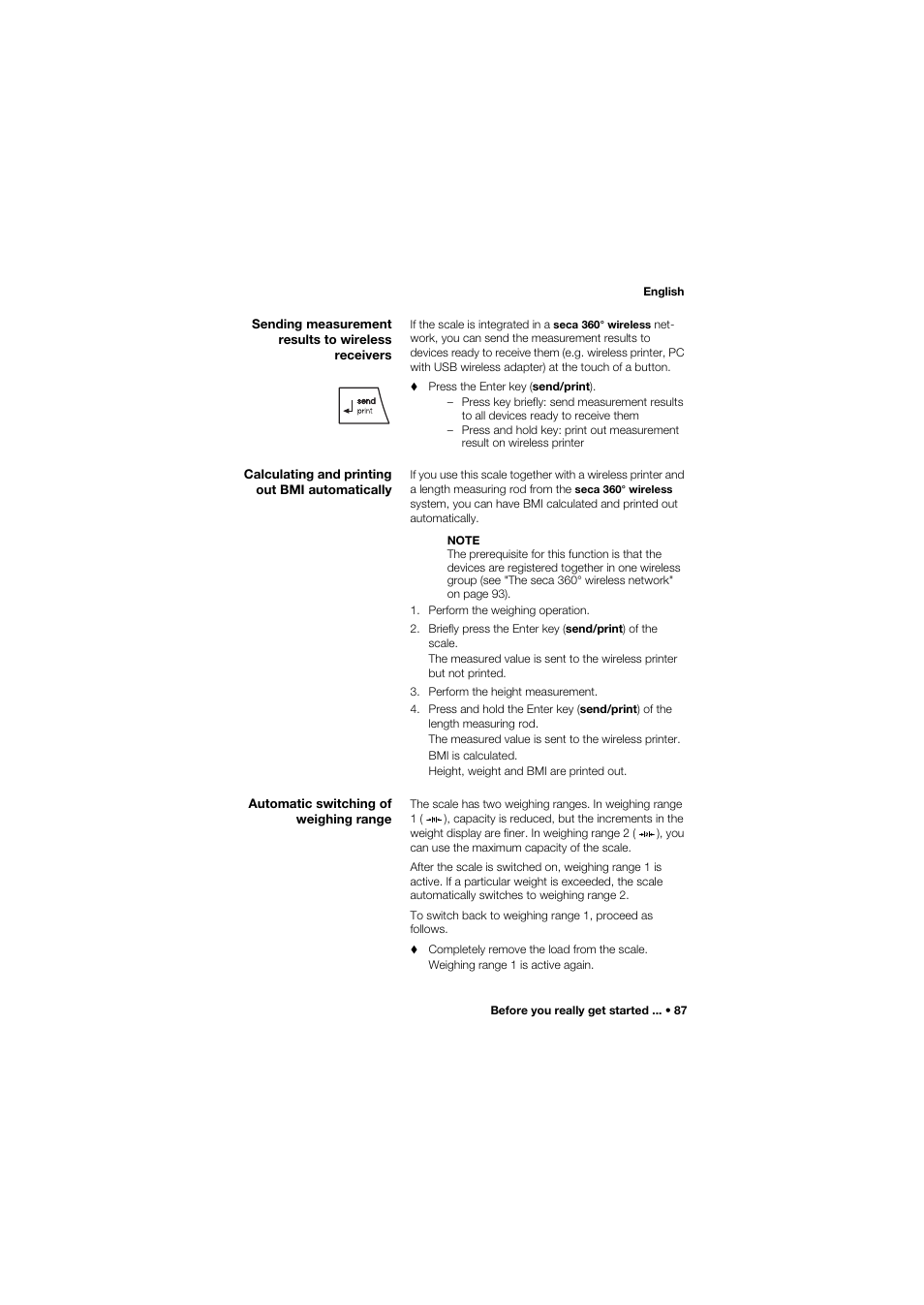 Sending measurement results to wireless receivers, Calculating and printing out bmi automatically, Automatic switching of weighing range | Seca 685 User Manual | Page 87 / 385
