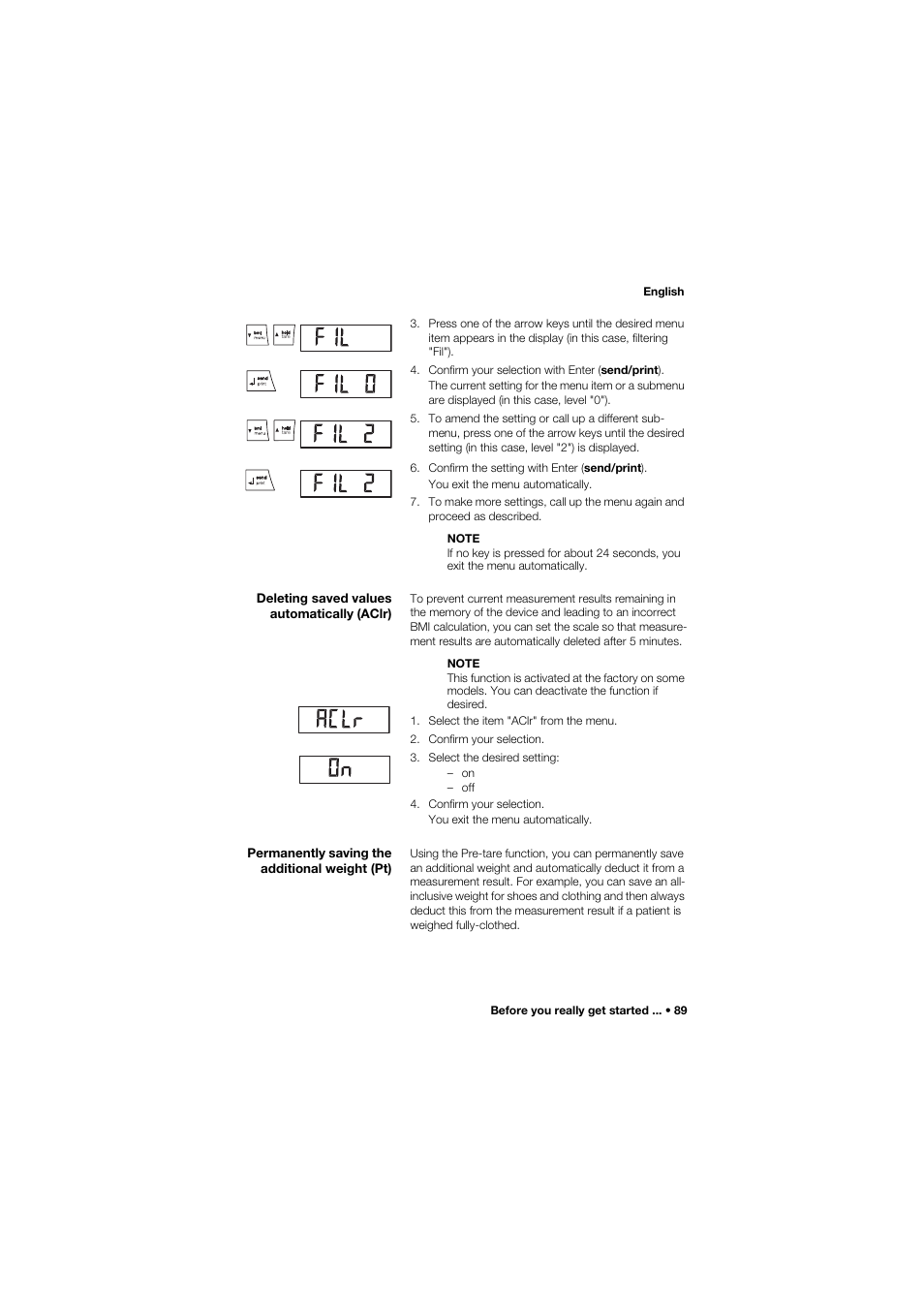 Deleting saved values automatically (aclr), Permanently saving the additional weight (pt) | Seca 685 User Manual | Page 89 / 385