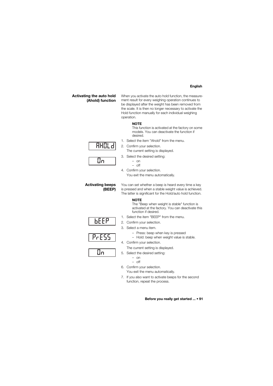 Activating the auto hold (ahold) function, Activating beeps (beep) | Seca 685 User Manual | Page 91 / 385