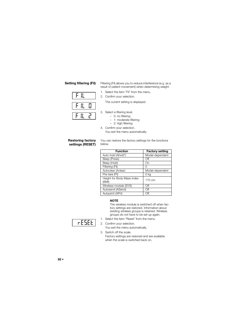 Setting filtering (fil), Restoring factory settings (reset) | Seca 685 User Manual | Page 92 / 385