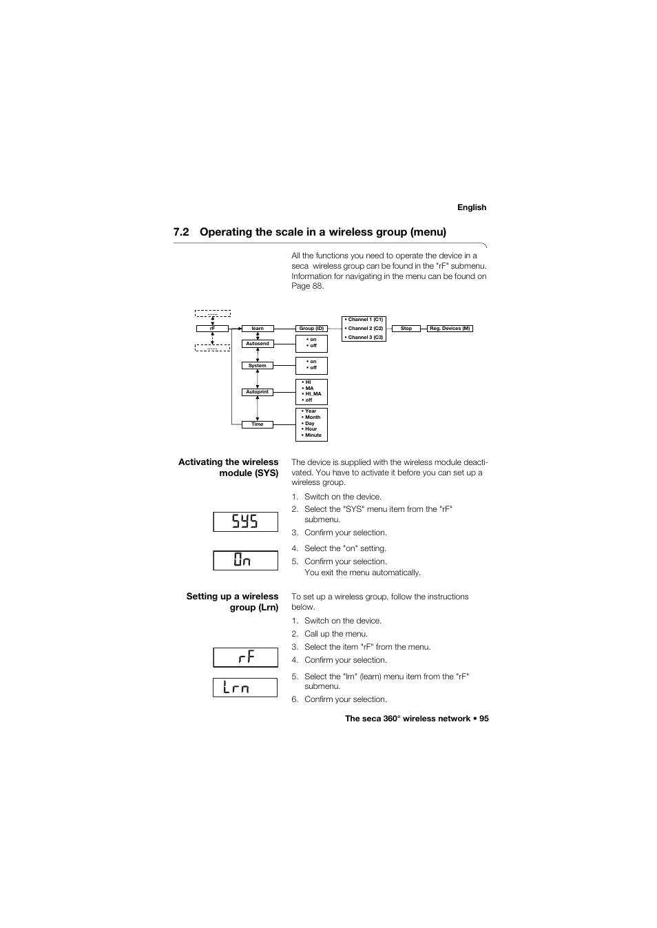 2 operating the scale in a wireless group (menu), Activating the wireless module (sys), Setting up a wireless group (lrn) | 2 operating the scale in a, Wireless group (menu) | Seca 685 User Manual | Page 95 / 385