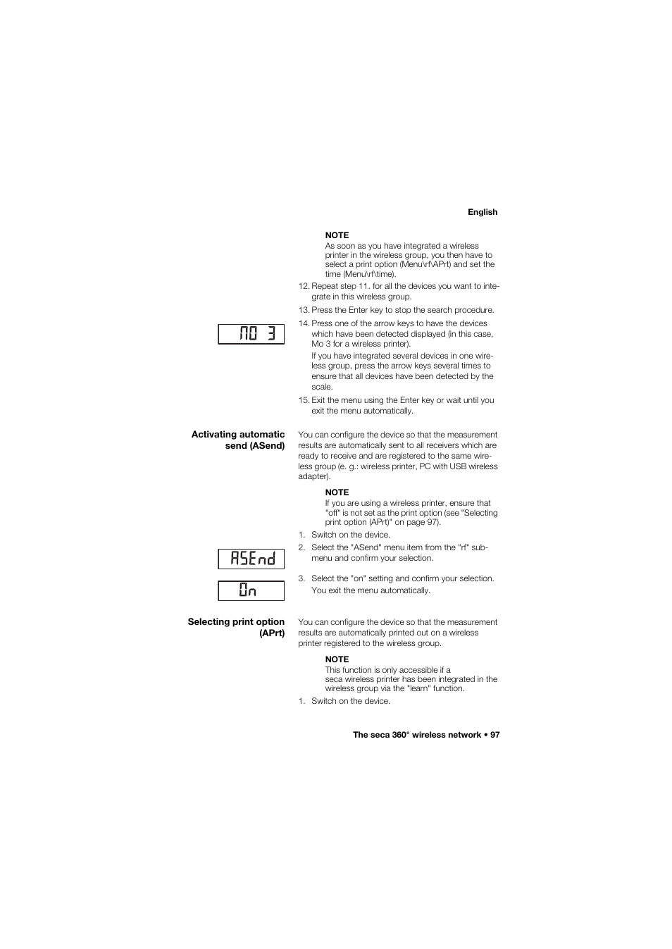 Activating automatic send (asend), Selecting print option (aprt) | Seca 685 User Manual | Page 97 / 385