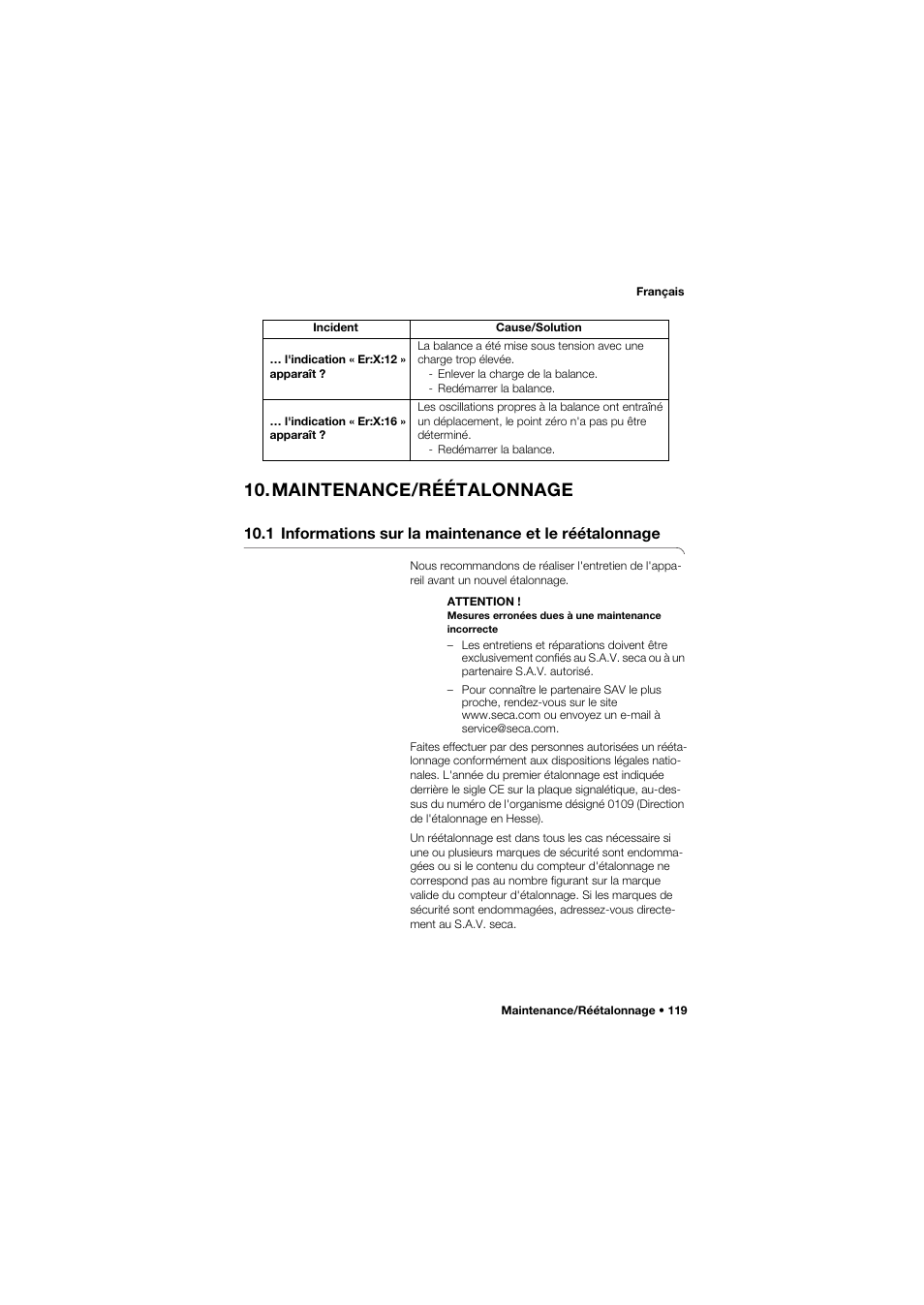 Maintenance/réétalonnage | Seca 675 User Manual | Page 119 / 292