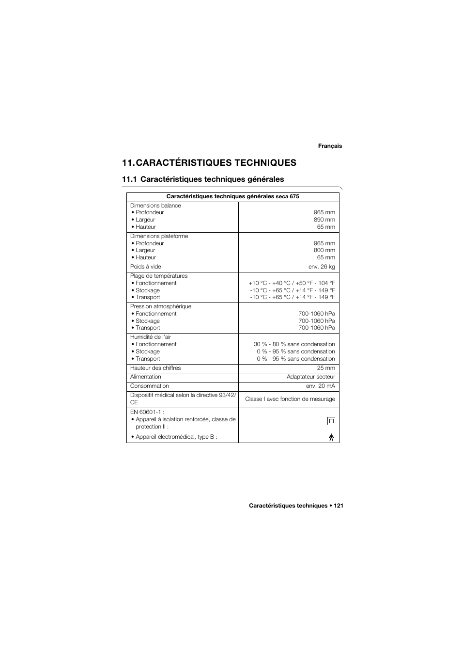 Caractéristiques techniques, 1 caractéristiques techniques générales | Seca 675 User Manual | Page 121 / 292