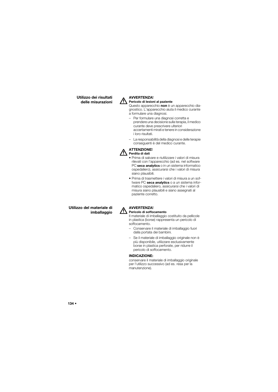 Utilizzo dei risultati delle misurazioni, Utilizzo del materiale di imballaggio | Seca 675 User Manual | Page 134 / 292