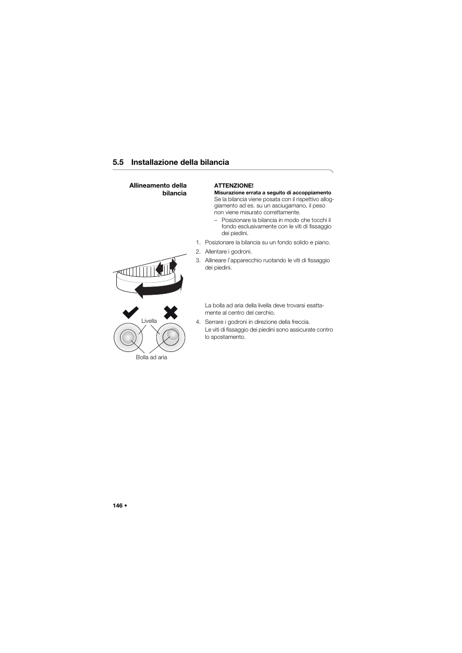 5 installazione della bilancia, Allineamento della bilancia | Seca 675 User Manual | Page 146 / 292