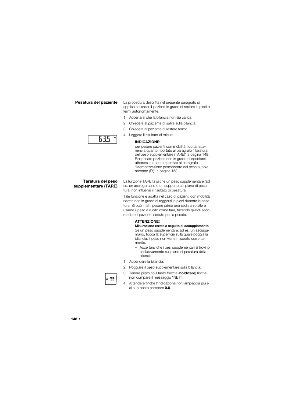 Pesatura del paziente, Taratura del peso supplementare (tare) | Seca 675 User Manual | Page 148 / 292