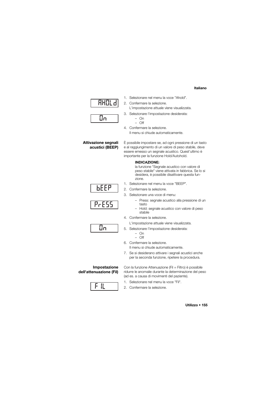 Attivazione segnali acustici (beep), Impostazione dell'attenuazione (fil) | Seca 675 User Manual | Page 155 / 292