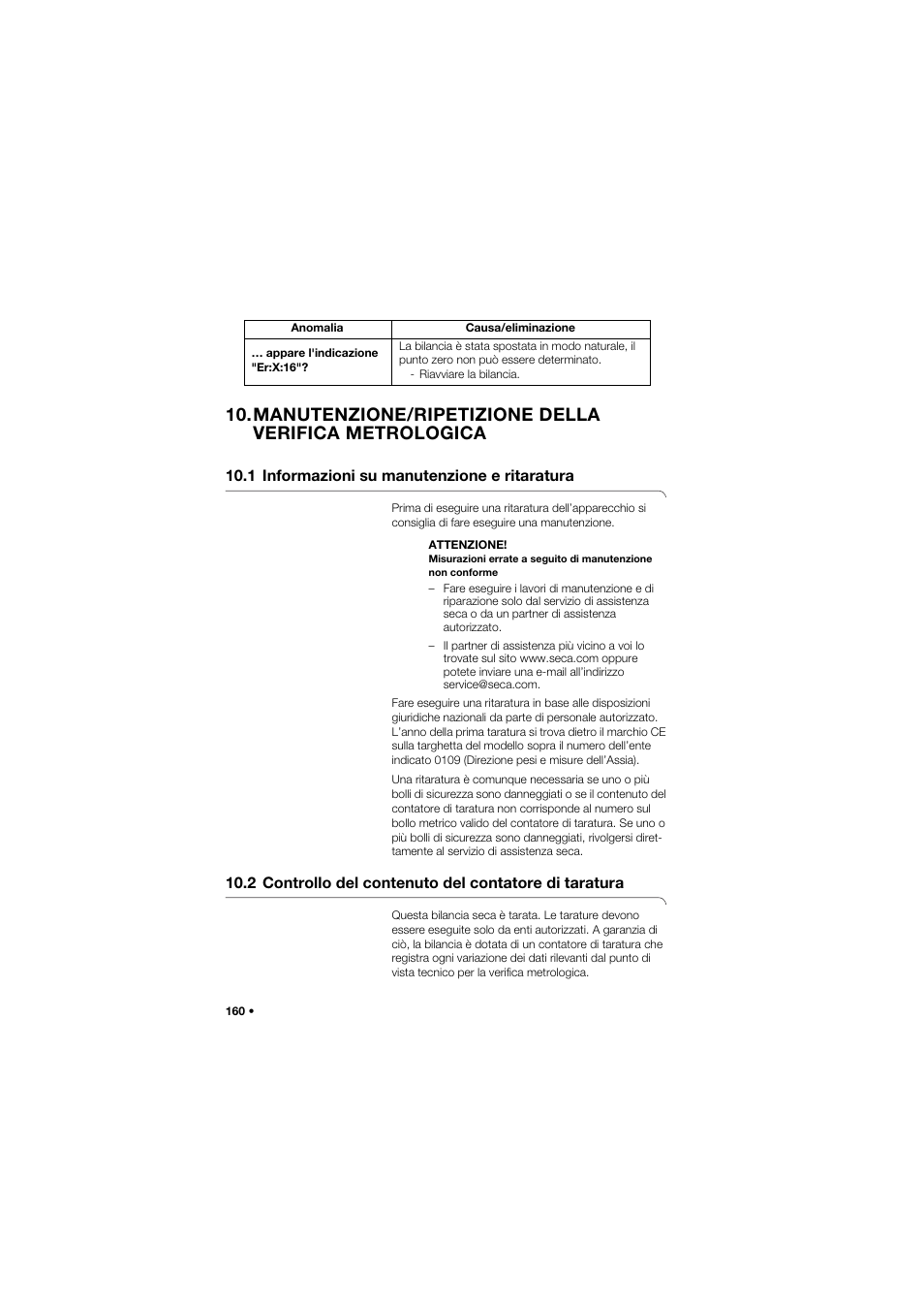 1 informazioni su manutenzione e ritaratura | Seca 675 User Manual | Page 160 / 292