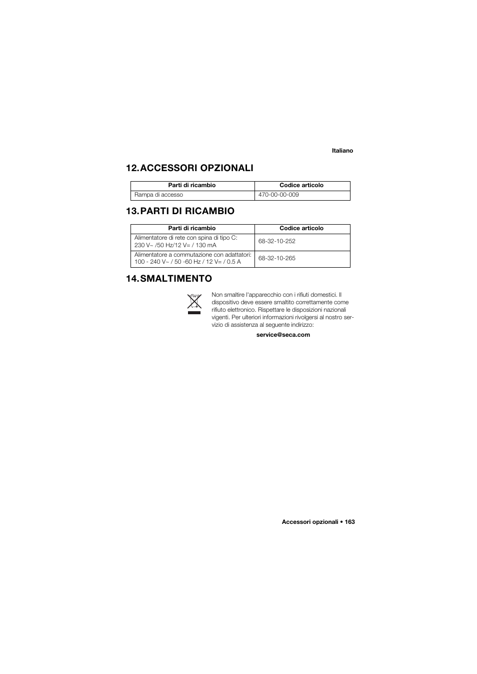 Accessori opzionali, Parti di ricambio, Smaltimento | Seca 675 User Manual | Page 163 / 292