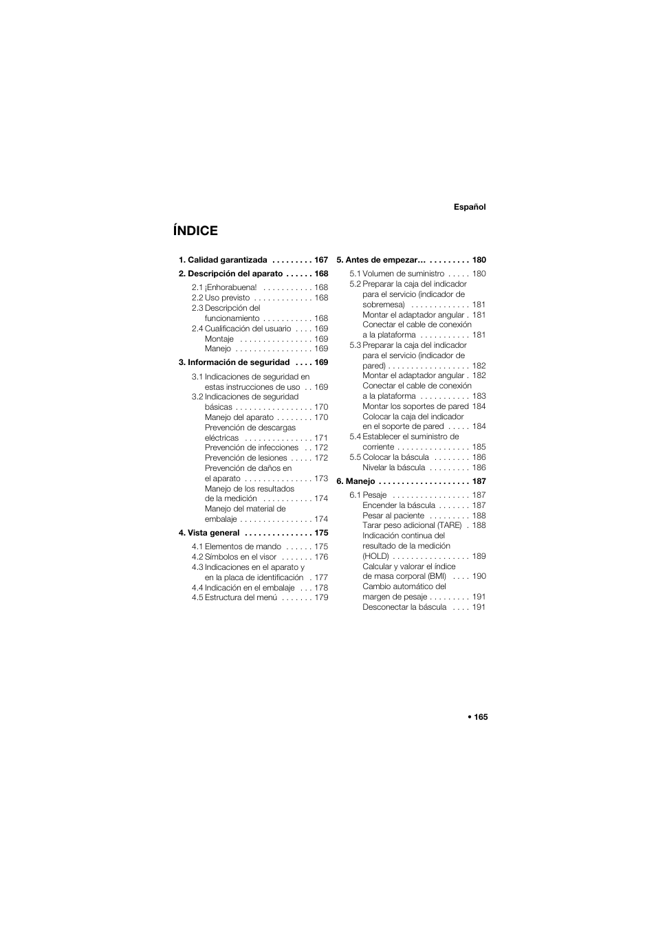 Español, Índice | Seca 675 User Manual | Page 165 / 292