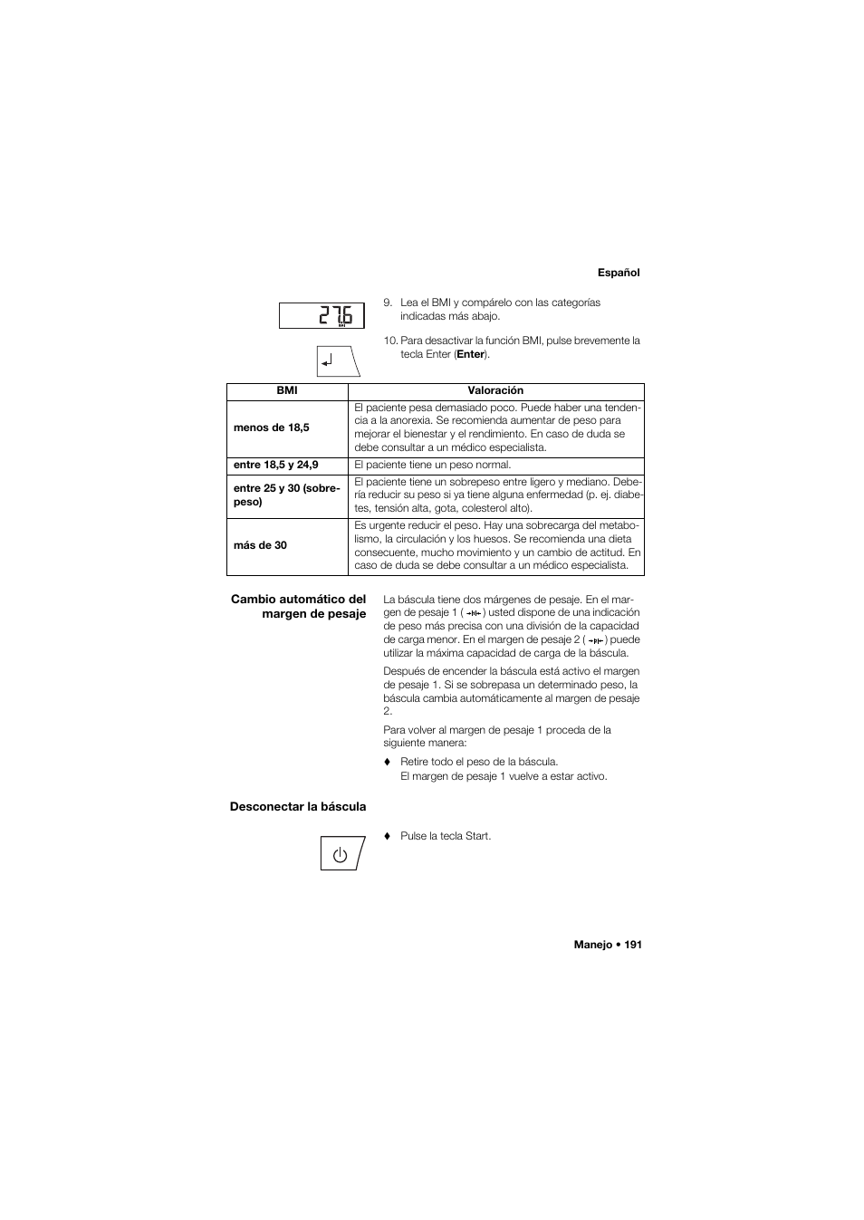 Cambio automático del margen de pesaje, Desconectar la báscula | Seca 675 User Manual | Page 191 / 292