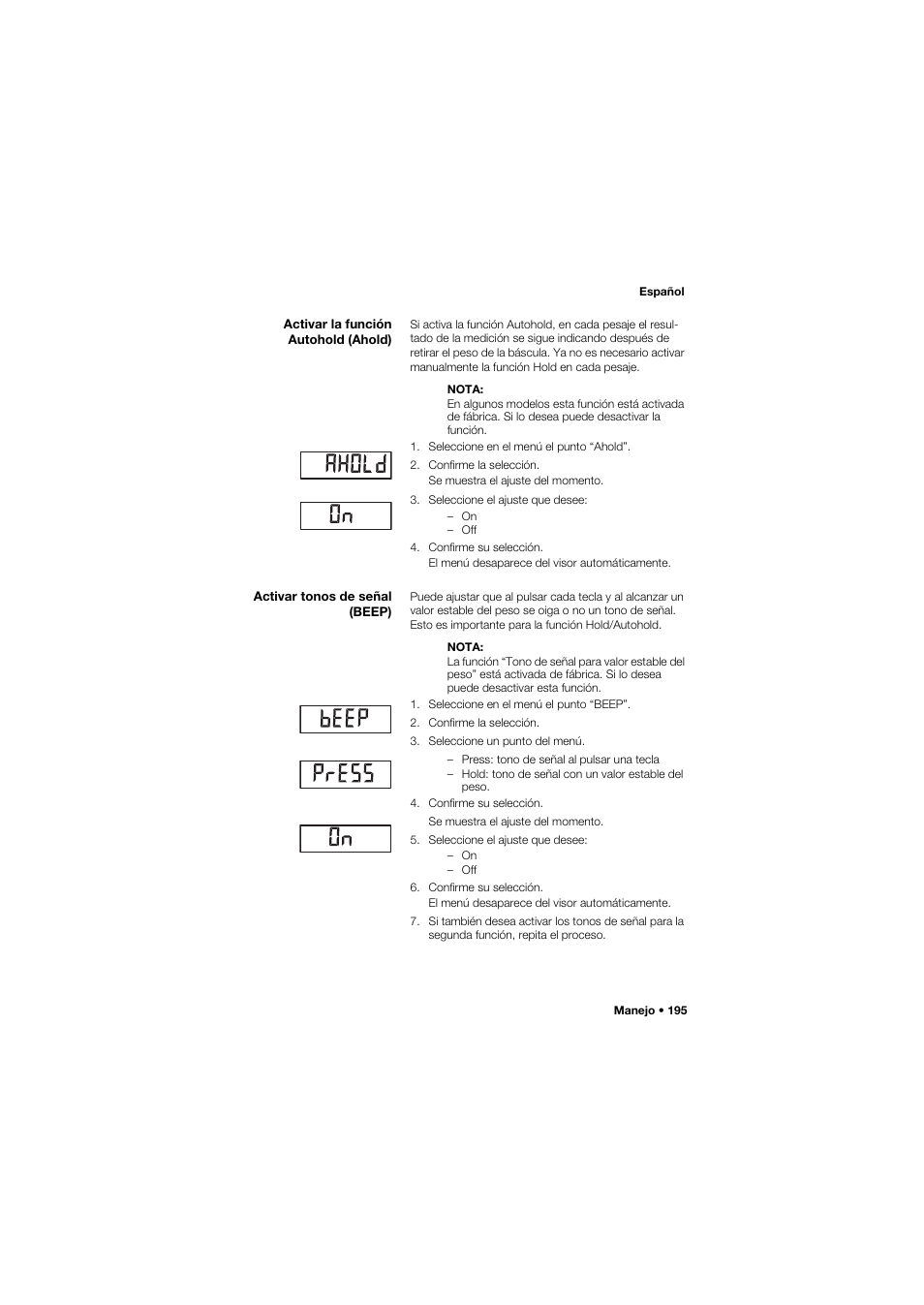 Activar la función autohold (ahold), Activar tonos de señal (beep) | Seca 675 User Manual | Page 195 / 292
