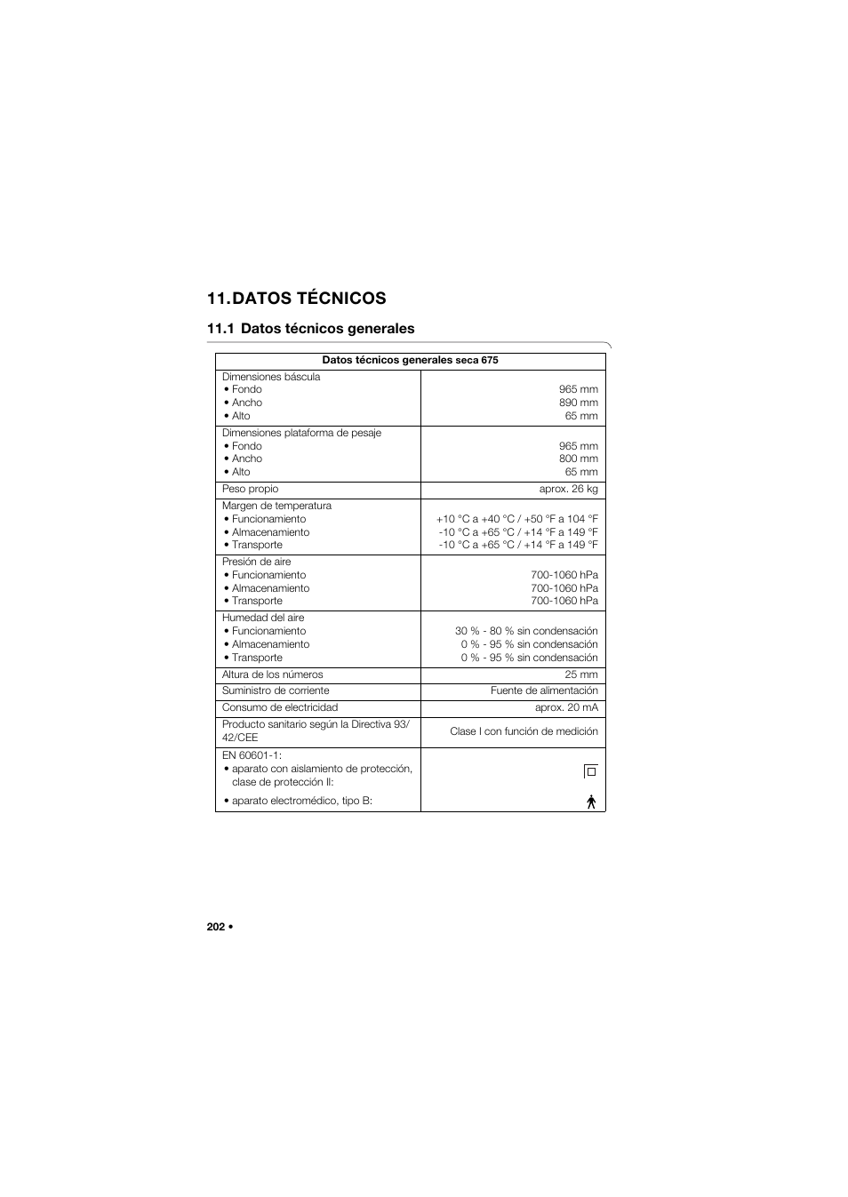 Datos técnicos, 1 datos técnicos generales | Seca 675 User Manual | Page 202 / 292
