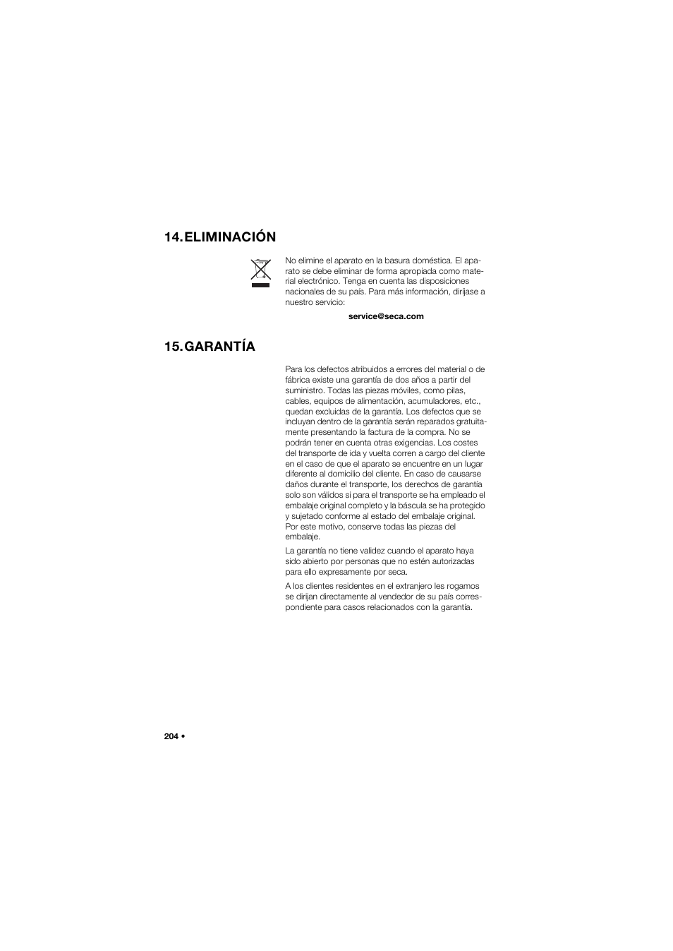 Eliminación, Garantía | Seca 675 User Manual | Page 204 / 292