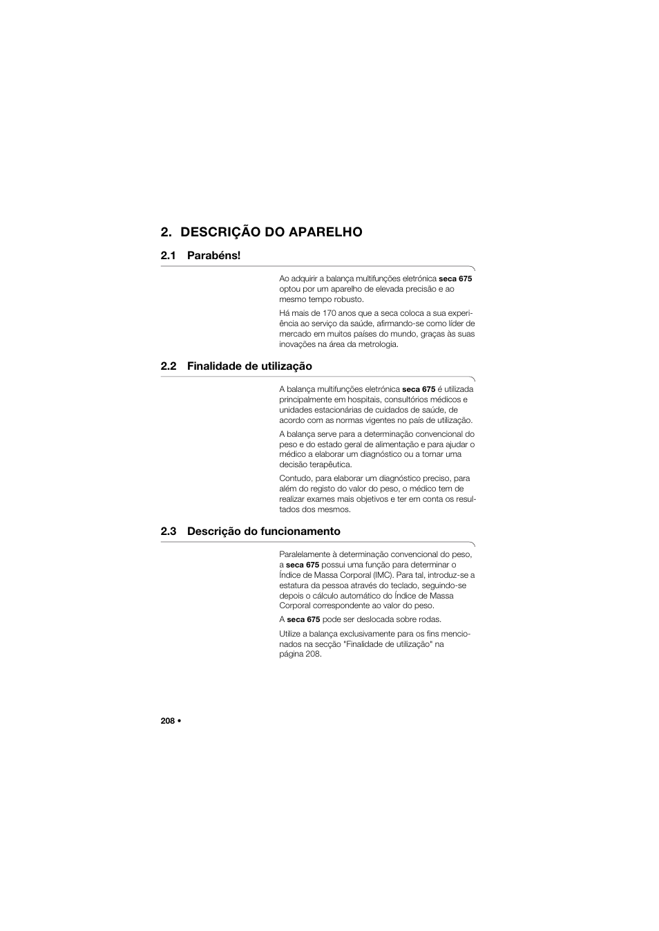 Descrição do aparelho, 1 parabéns, 2 finalidade de utilização | 3 descrição do funcionamento | Seca 675 User Manual | Page 208 / 292