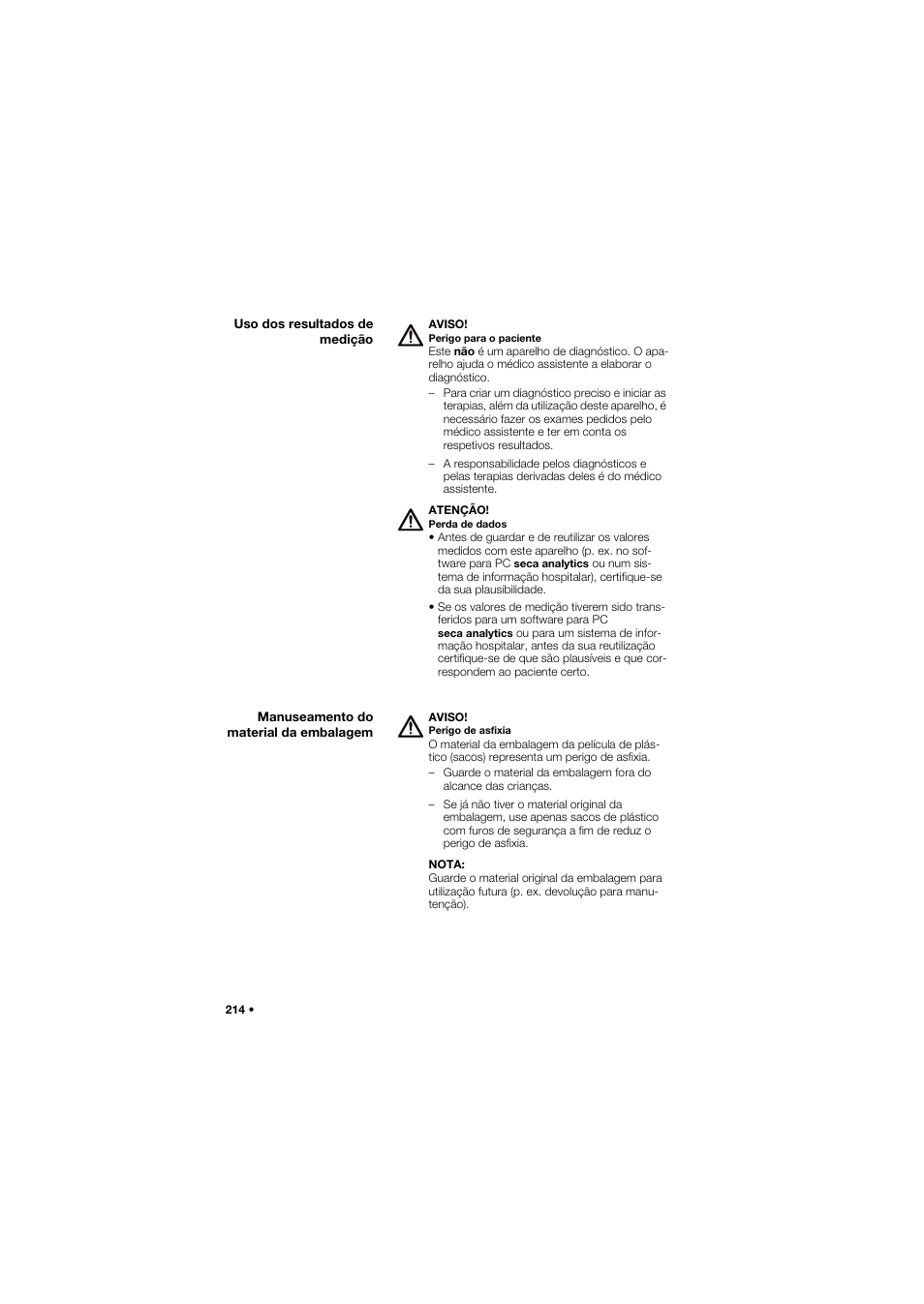 Uso dos resultados de medição, Manuseamento do material da embalagem | Seca 675 User Manual | Page 214 / 292