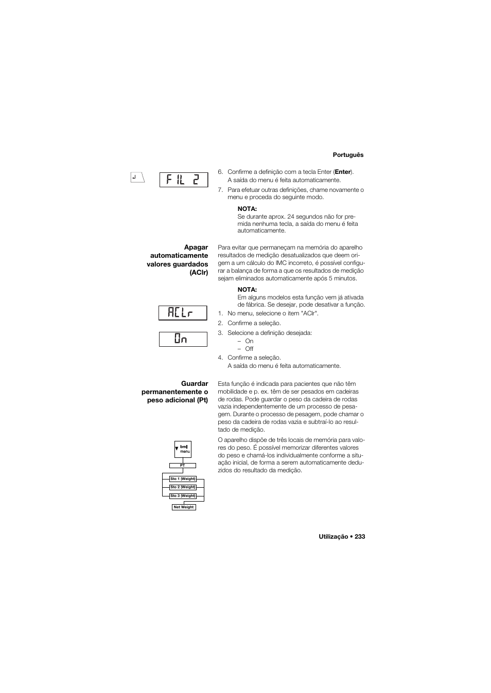 Apagar automaticamente valores guardados (aclr), Guardar permanentemente o peso adicional (pt) | Seca 675 User Manual | Page 233 / 292
