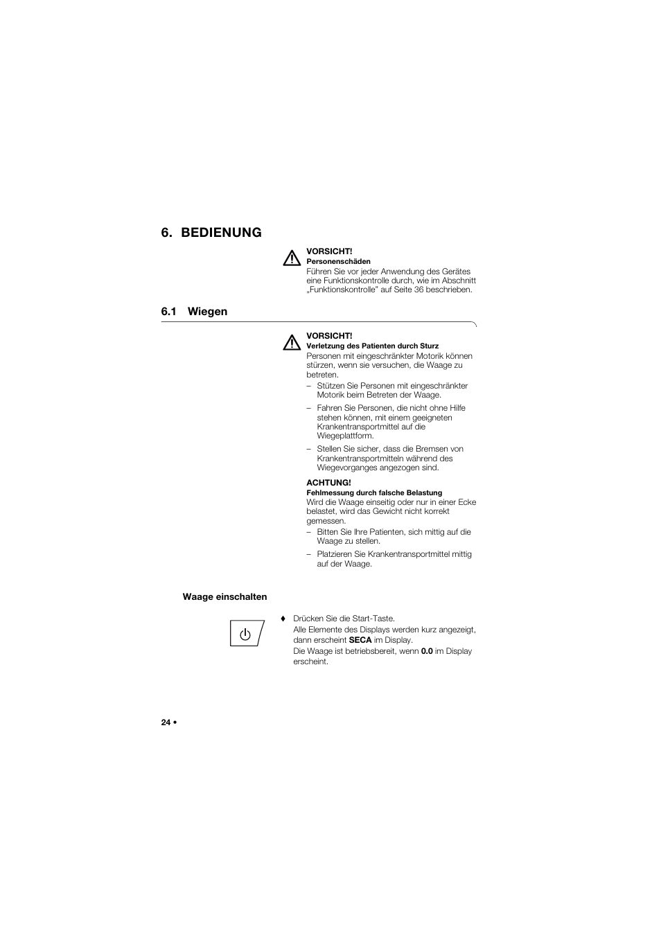 Bedienung, 1 wiegen, Waage einschalten | Seca 675 User Manual | Page 24 / 292