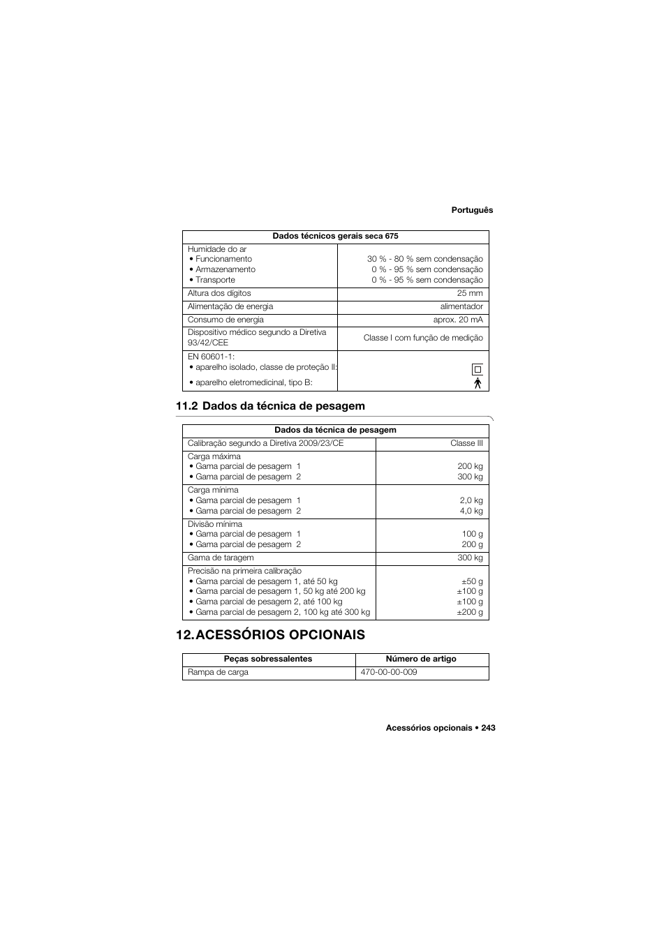 2 dados da técnica de pesagem, Acessórios opcionais | Seca 675 User Manual | Page 243 / 292