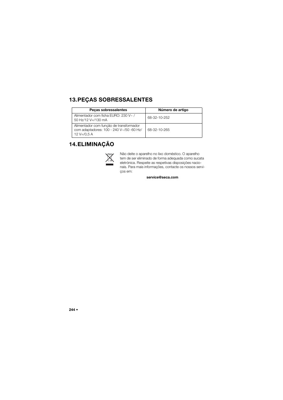 Peças sobressalentes, Eliminação, Peças sobressalentes 14.eliminação | Seca 675 User Manual | Page 244 / 292