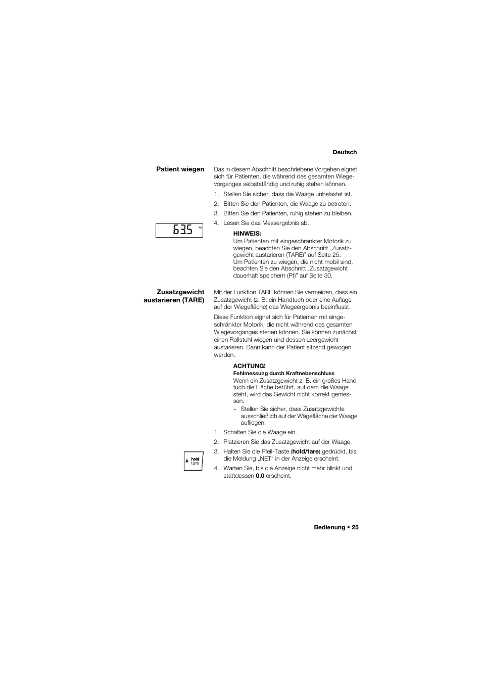 Patient wiegen, Zusatzgewicht austarieren (tare) | Seca 675 User Manual | Page 25 / 292