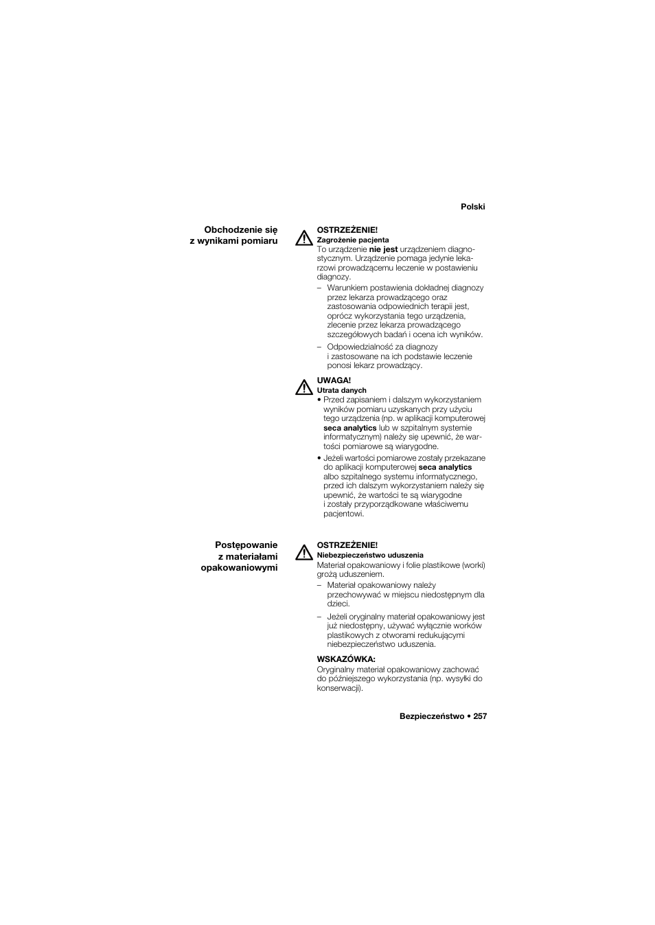 Obchodzenie się z wynikami pomiaru, Postępowanie z materiałami opakowaniowymi | Seca 675 User Manual | Page 257 / 292