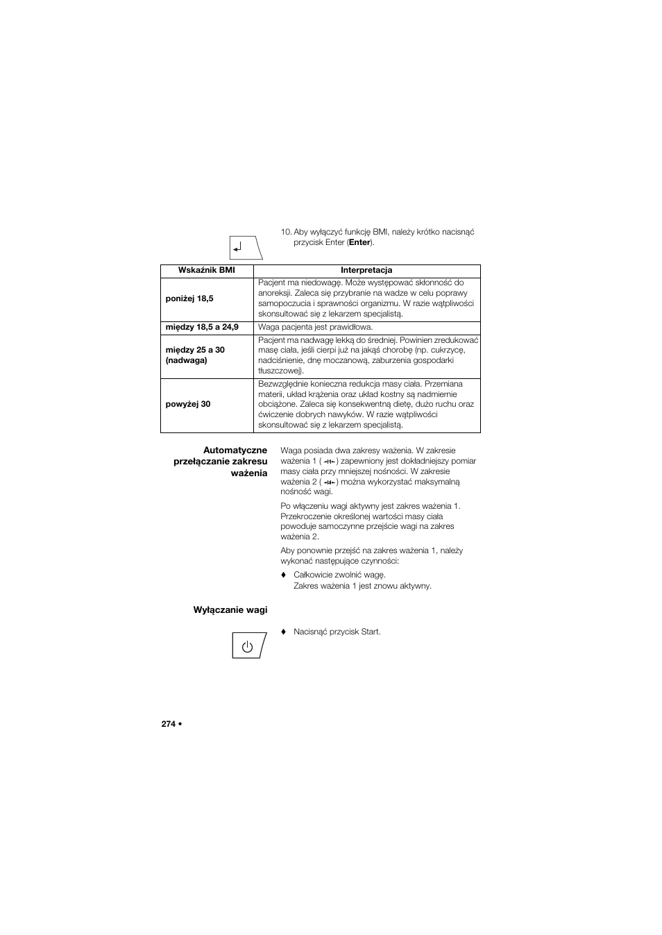 Automatyczne przełączanie zakresu ważenia, Wyłączanie wagi | Seca 675 User Manual | Page 274 / 292