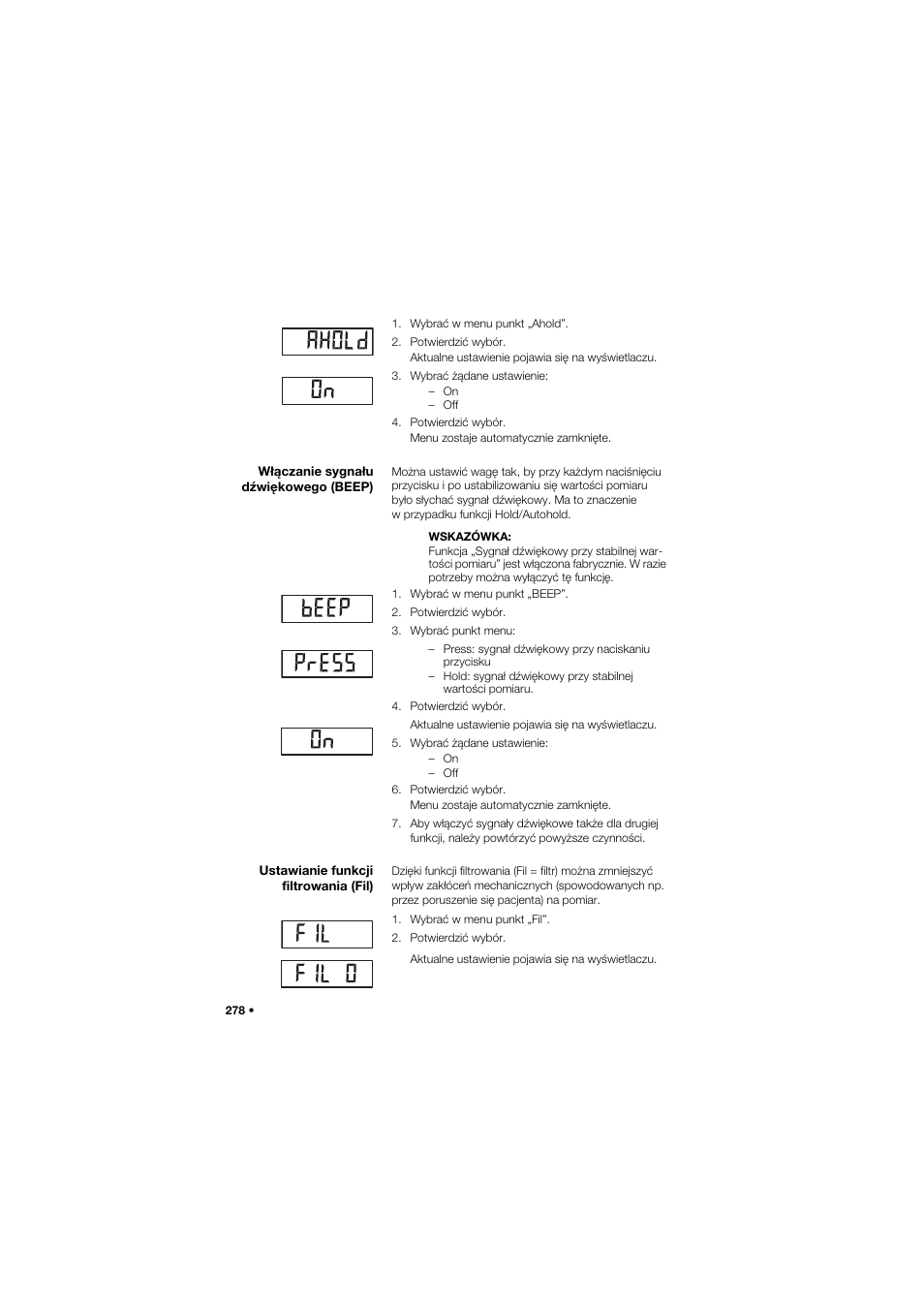 Włączanie sygnału dźwiękowego (beep), Ustawianie funkcji filtrowania (fil) | Seca 675 User Manual | Page 278 / 292