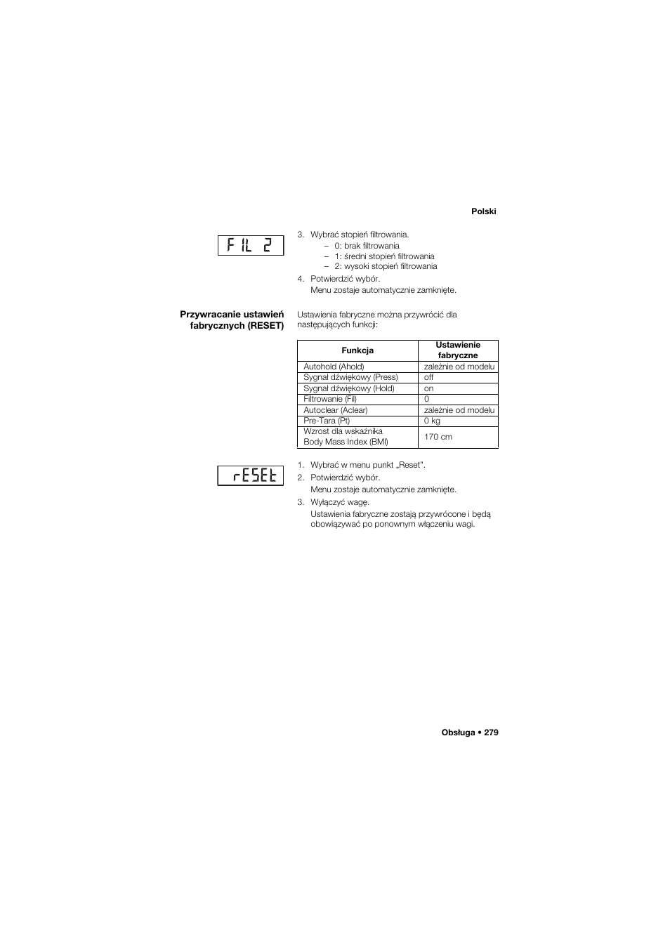 Przywracanie ustawień fabrycznych (reset) | Seca 675 User Manual | Page 279 / 292