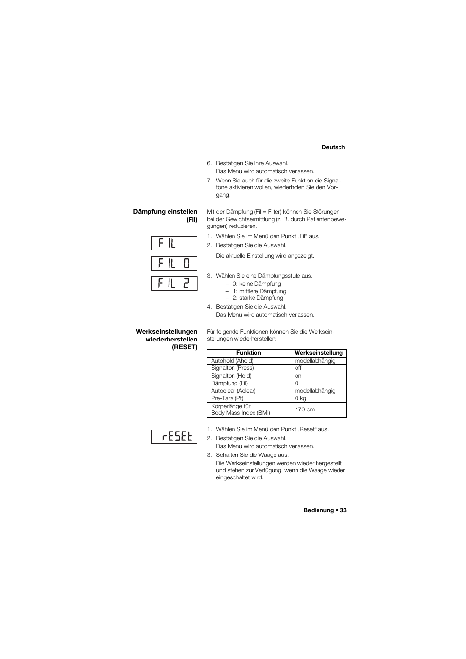 Dämpfung einstellen (fil), Werkseinstellungen wiederherstellen (reset) | Seca 675 User Manual | Page 33 / 292
