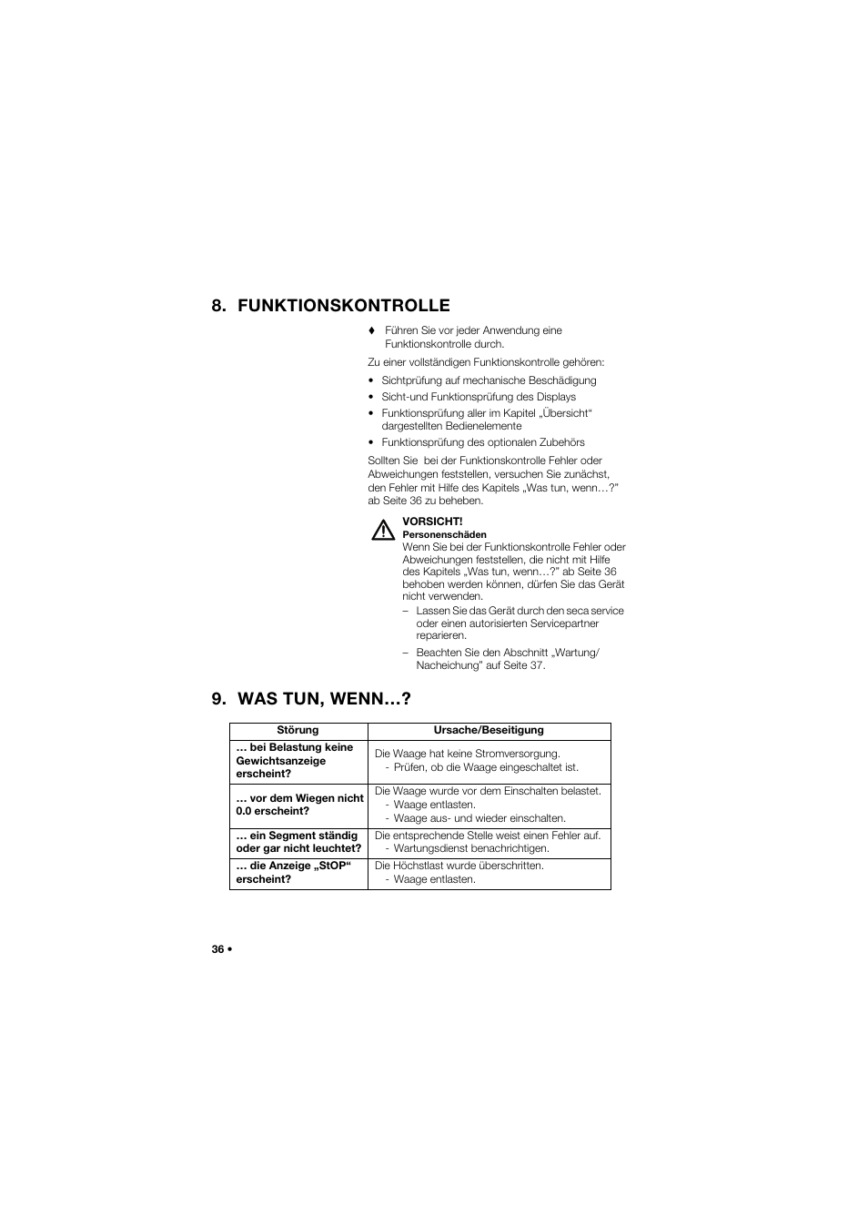 Funktionskontrolle, Was tun, wenn | Seca 675 User Manual | Page 36 / 292