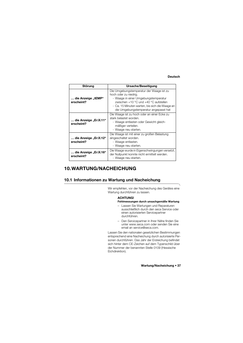 Wartung/nacheichung, 1 informationen zu wartung und nacheichung | Seca 675 User Manual | Page 37 / 292